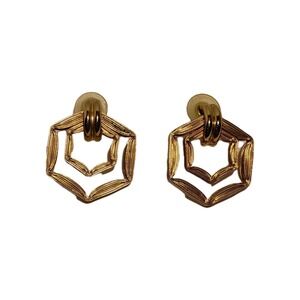 Vintage Gold Tone Door Knocker‎ Hexagonal Statement Post Earrings Art Deco